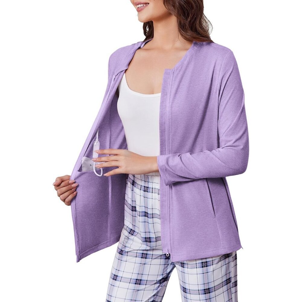Post-Mastectomy Shirt with Drain Pockets Long Sleeve Zipper for Women